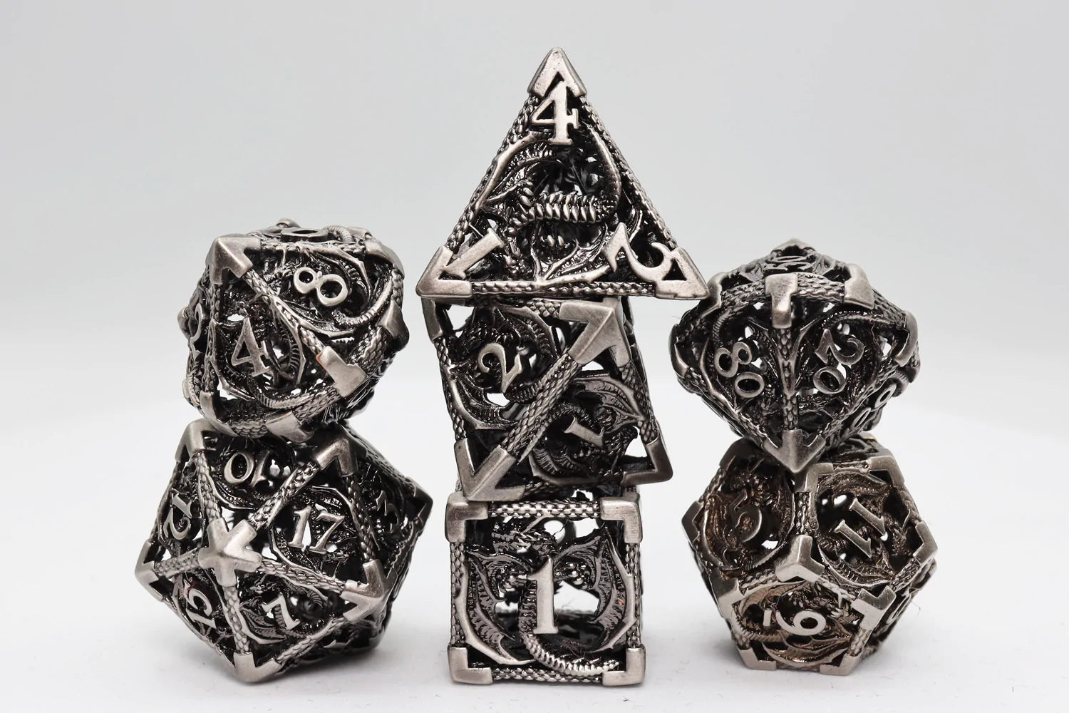 Silver Chained Dragon Hollow Metal RPG Dice Set